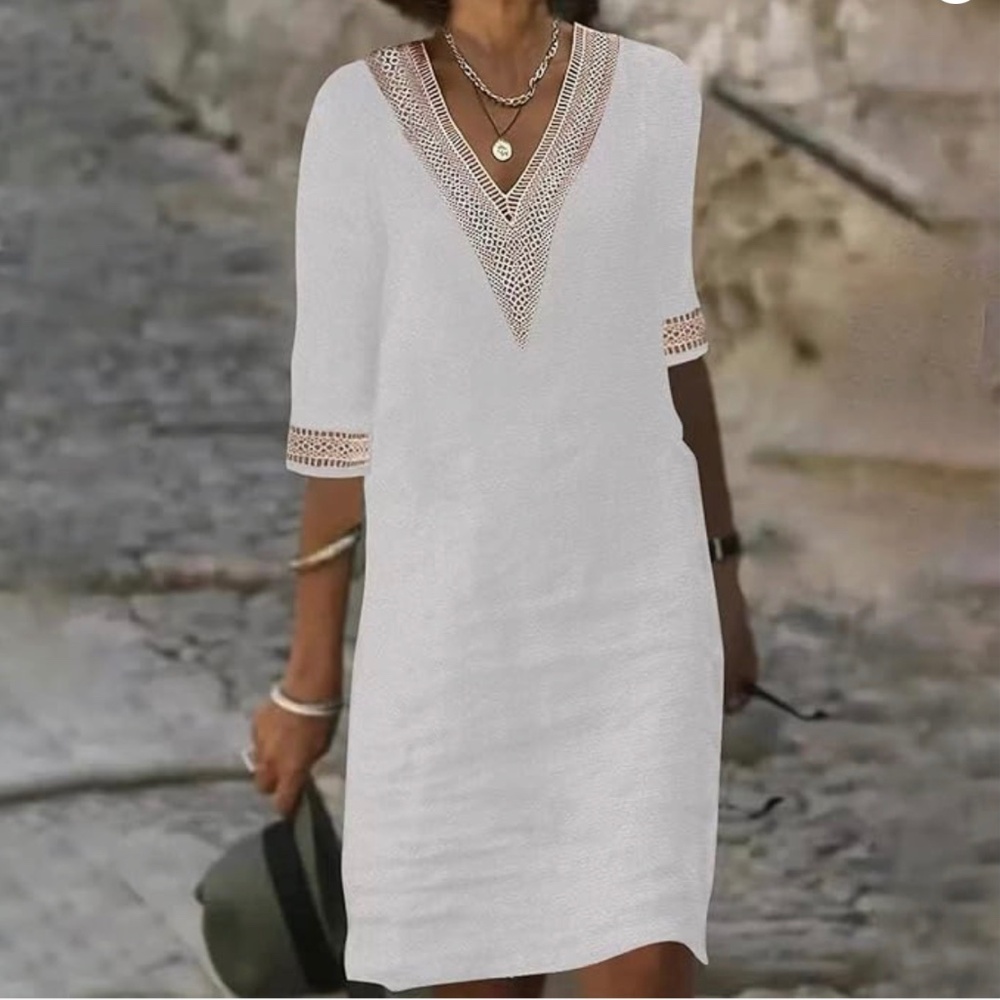 White Tunic Dress Lace V Neck Knee-Length, Pullover Comfortable Stylish Sz M